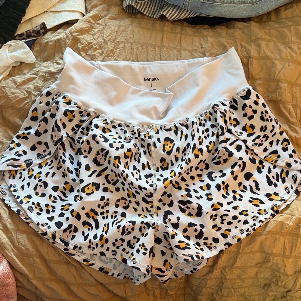 Kensie Leopard Print Athletic Shorts with White Waistband